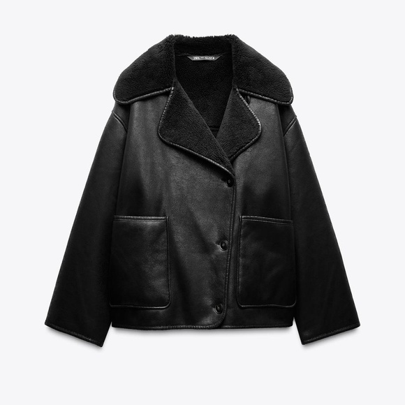Zara DOUBLE FACED JACKET ZW COLLECTION OVERSIZED COAT BLACK XS Shearling - Picture 7 of 8